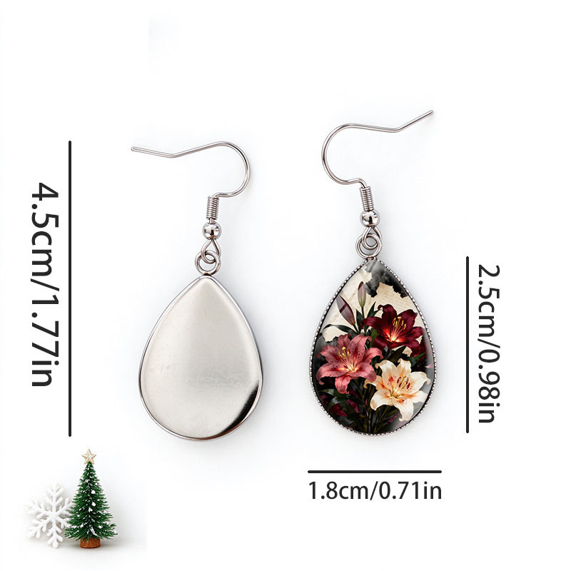 Gothic Red White Lily Floral Tear Drop Earrings